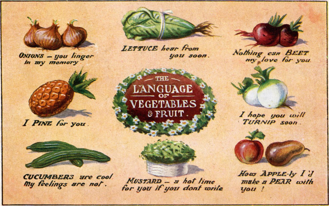 A 1921 postcard entitled ‘The Language if Vegetables and Fruit