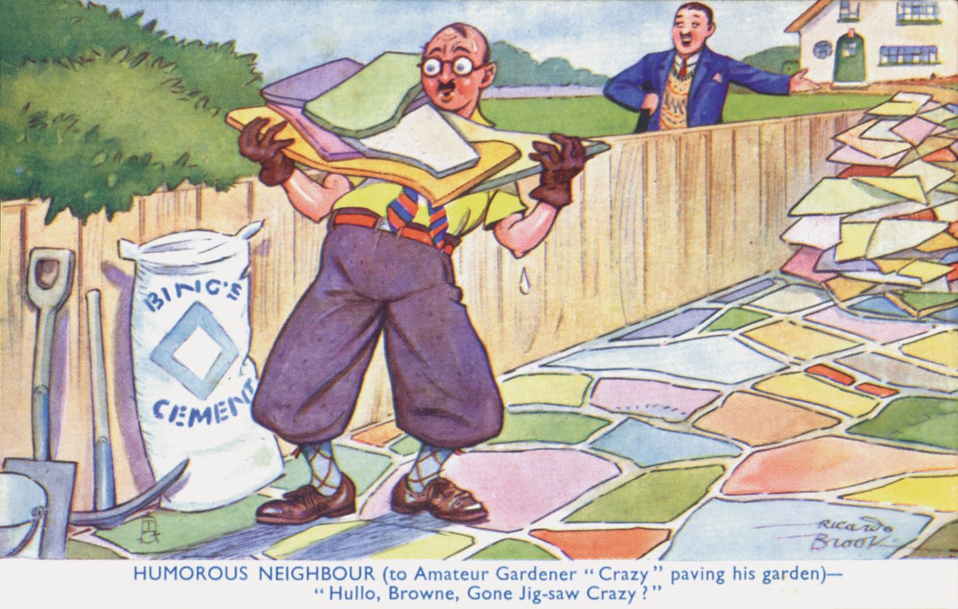 A 1930s postcard about crazy paving from the Garden Museum Lambeth
